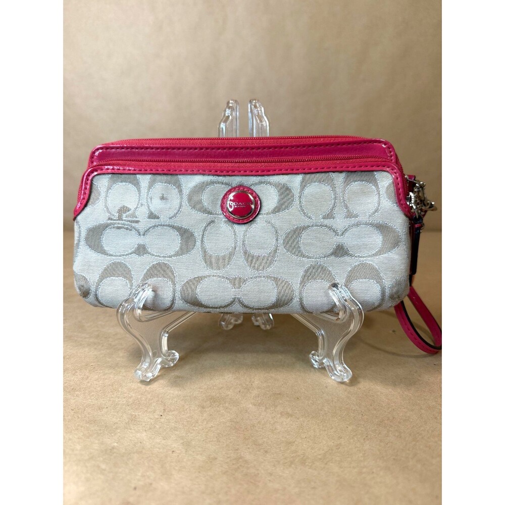Coach Signature C Jacquard Double Zip Wristlet Wallet Hot Pink Patent Leather